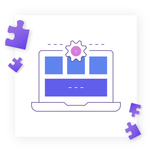 Bild von einem Laptop mit einem Zahnrad Symbol und Puzzel Teilen